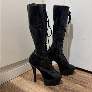 Black Pleaser High Heel Lace-Up Boots